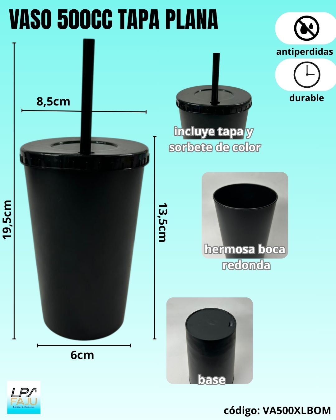 Vaso de plastico   500cc con tapa PLANA y sorbete NEGRO  Medida 8,5x13,5cm.  Color Negro